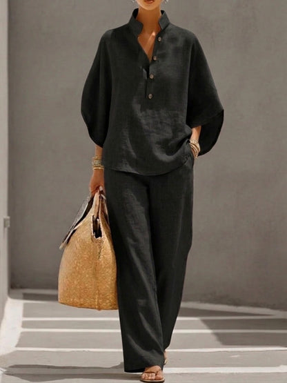 Mariel | Ensemble Baumwolle Leinen Fledermausärmel Weite Hose