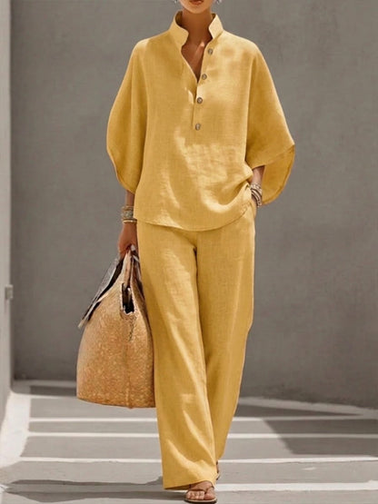 Mariel | Ensemble Baumwolle Leinen Fledermausärmel Weite Hose