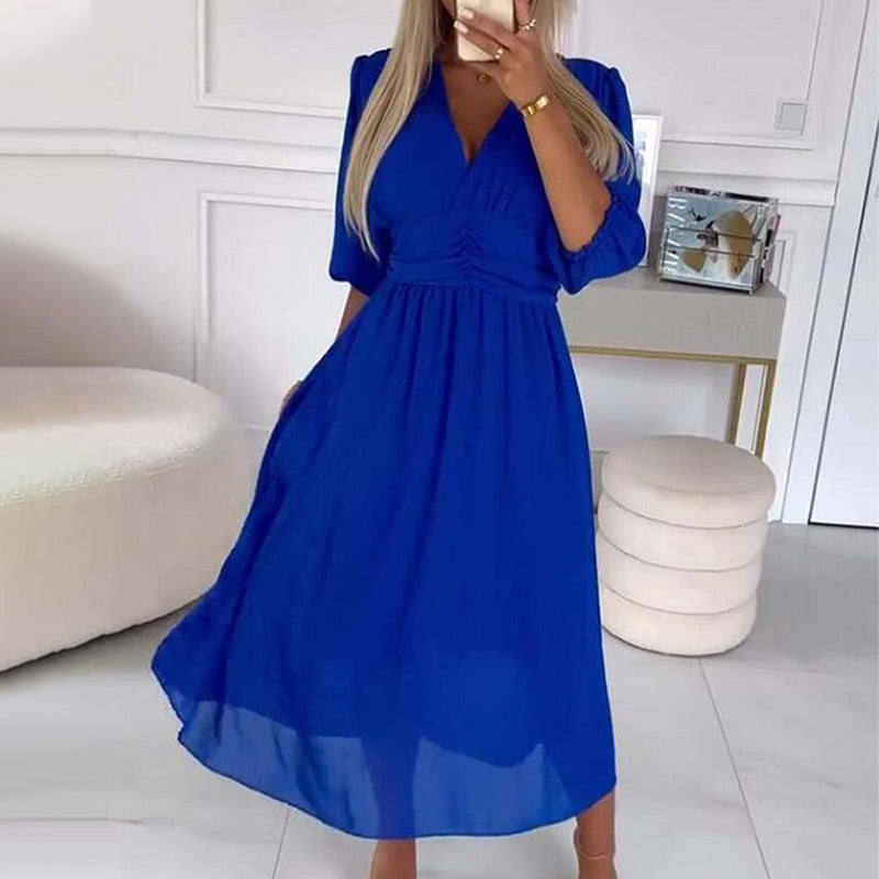 Svana - Leichtes V-Ausschnitt Chiffon-Kleid