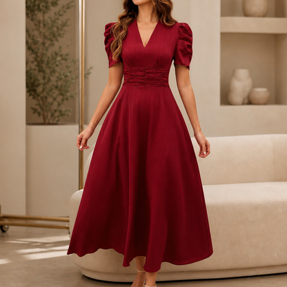Wearbella – Midi-Kleid mit Geraffter Taille, Puffärmeln & V-Ausschnitt