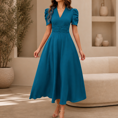 Wearbella – Midi-Kleid mit Geraffter Taille, Puffärmeln & V-Ausschnitt