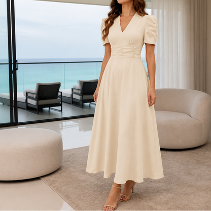 Wearbella – Midi-Kleid mit Geraffter Taille, Puffärmeln & V-Ausschnitt
