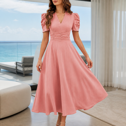 Wearbella – Midi-Kleid mit Geraffter Taille, Puffärmeln & V-Ausschnitt