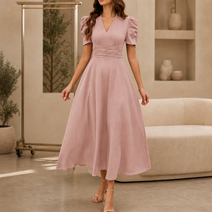 Wearbella – Midi-Kleid mit Geraffter Taille, Puffärmeln & V-Ausschnitt