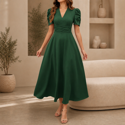 Wearbella – Midi-Kleid mit Geraffter Taille, Puffärmeln & V-Ausschnitt