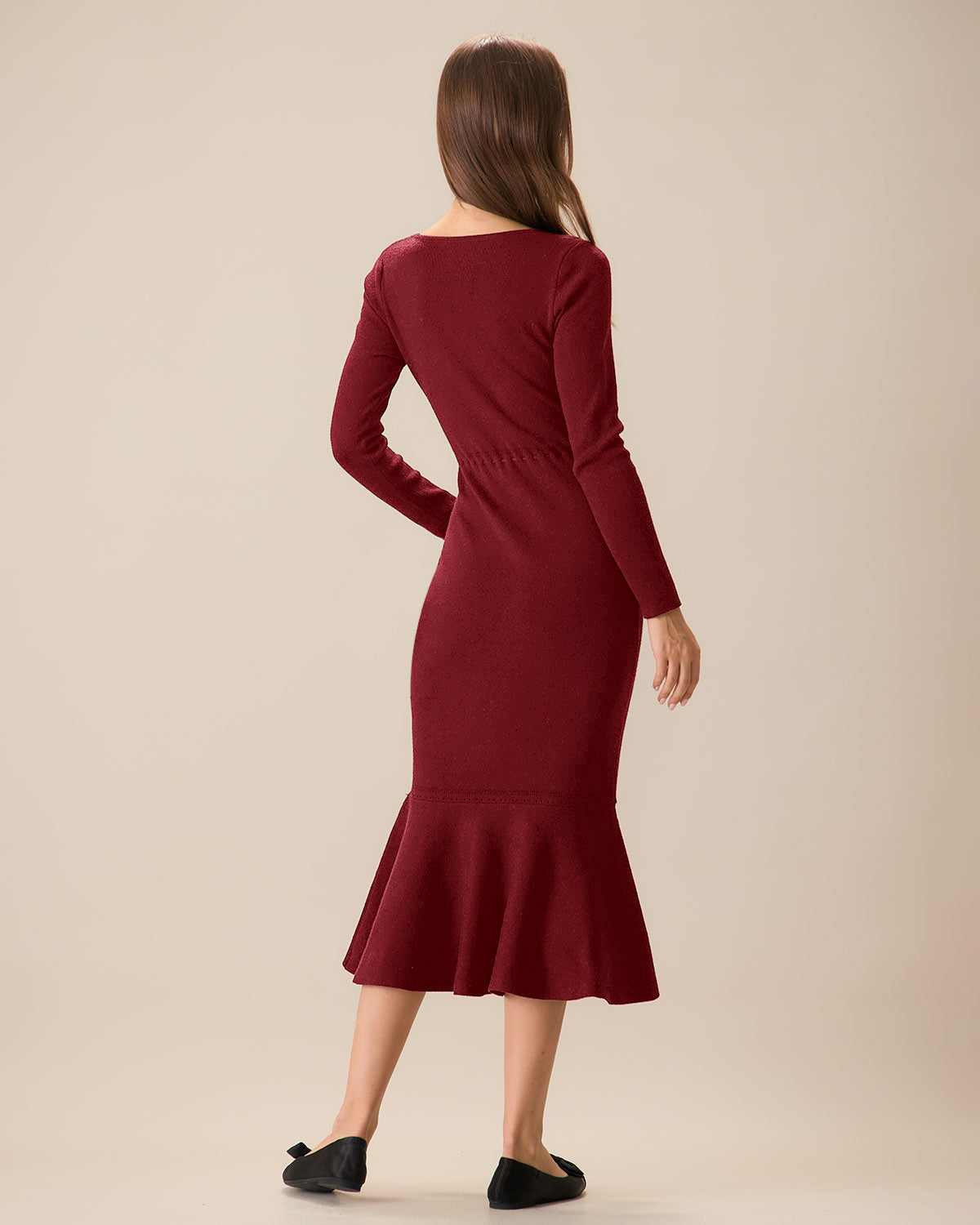 Rotes Meerjungfrau-Strickkleid mit eckigem Ausschnitt