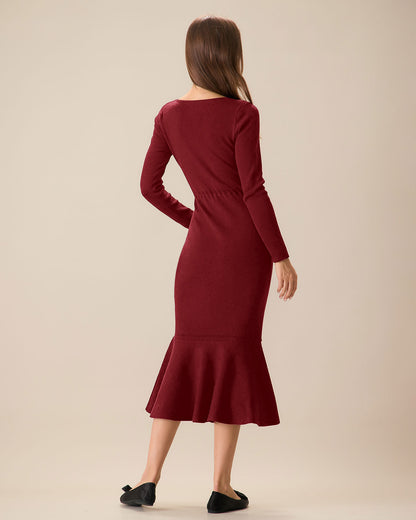 Rotes Meerjungfrau-Strickkleid mit eckigem Ausschnitt