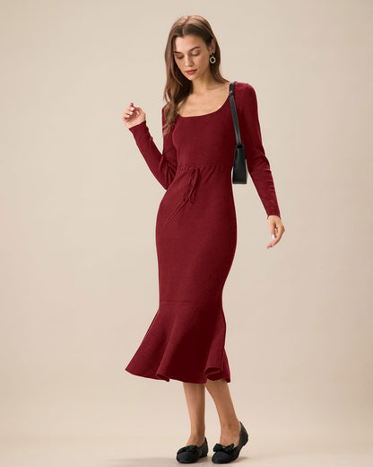 Rotes Meerjungfrau-Strickkleid mit eckigem Ausschnitt