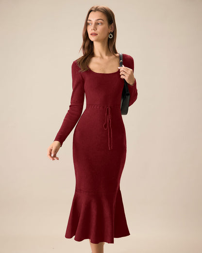 Rotes Meerjungfrau-Strickkleid mit eckigem Ausschnitt