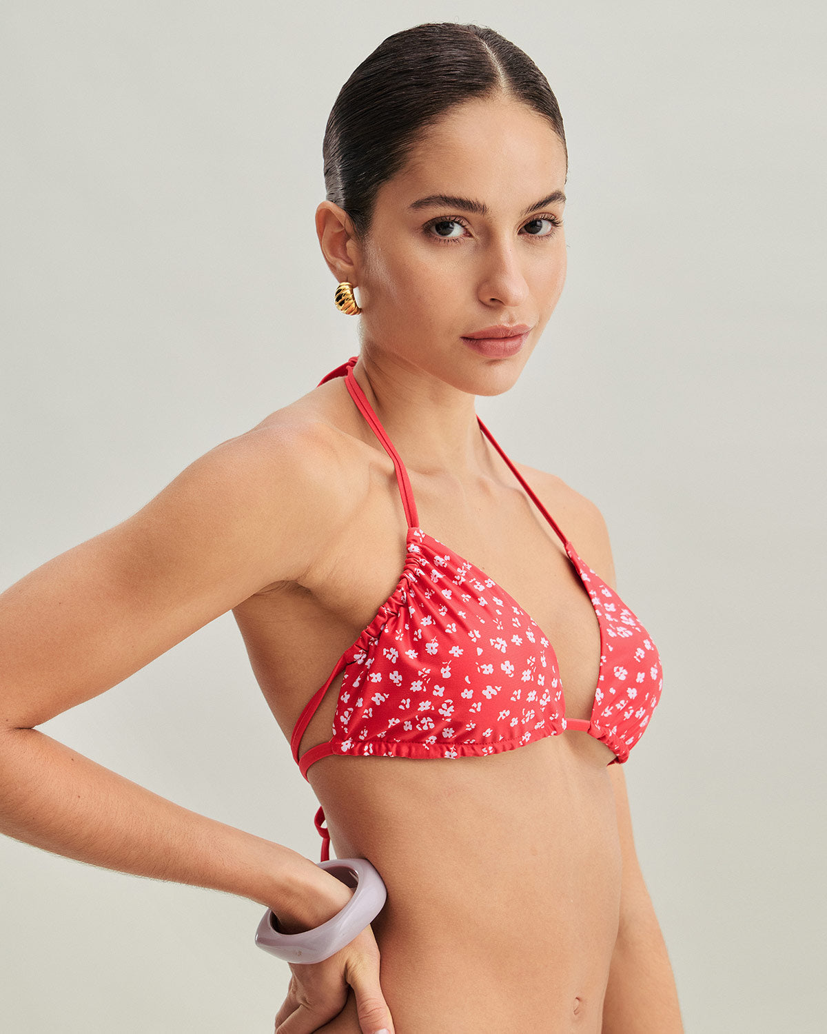 Rotes Blumen-Bikini-Set mit Kordelzug und Dreieck-Top