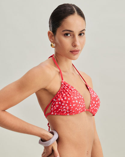Rotes Blumen-Bikini-Set mit Kordelzug und Dreieck-Top