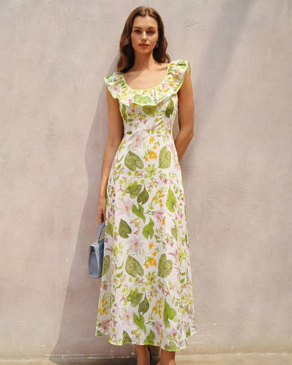 Grünes Maxikleid mit U-Ausschnitt und Pflanzenmuster