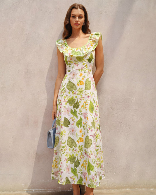 Grünes Maxikleid mit U-Ausschnitt und Pflanzenmuster