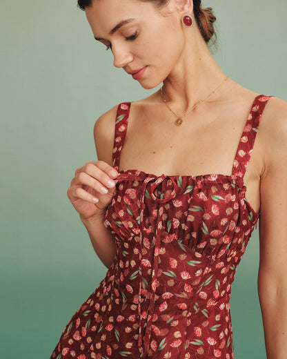 Rotes Blumen-Slip-Minikleid mit Bindegürtel
