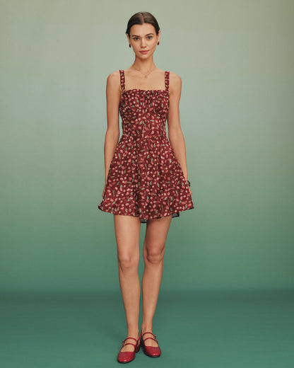 Rotes Blumen-Slip-Minikleid mit Bindegürtel